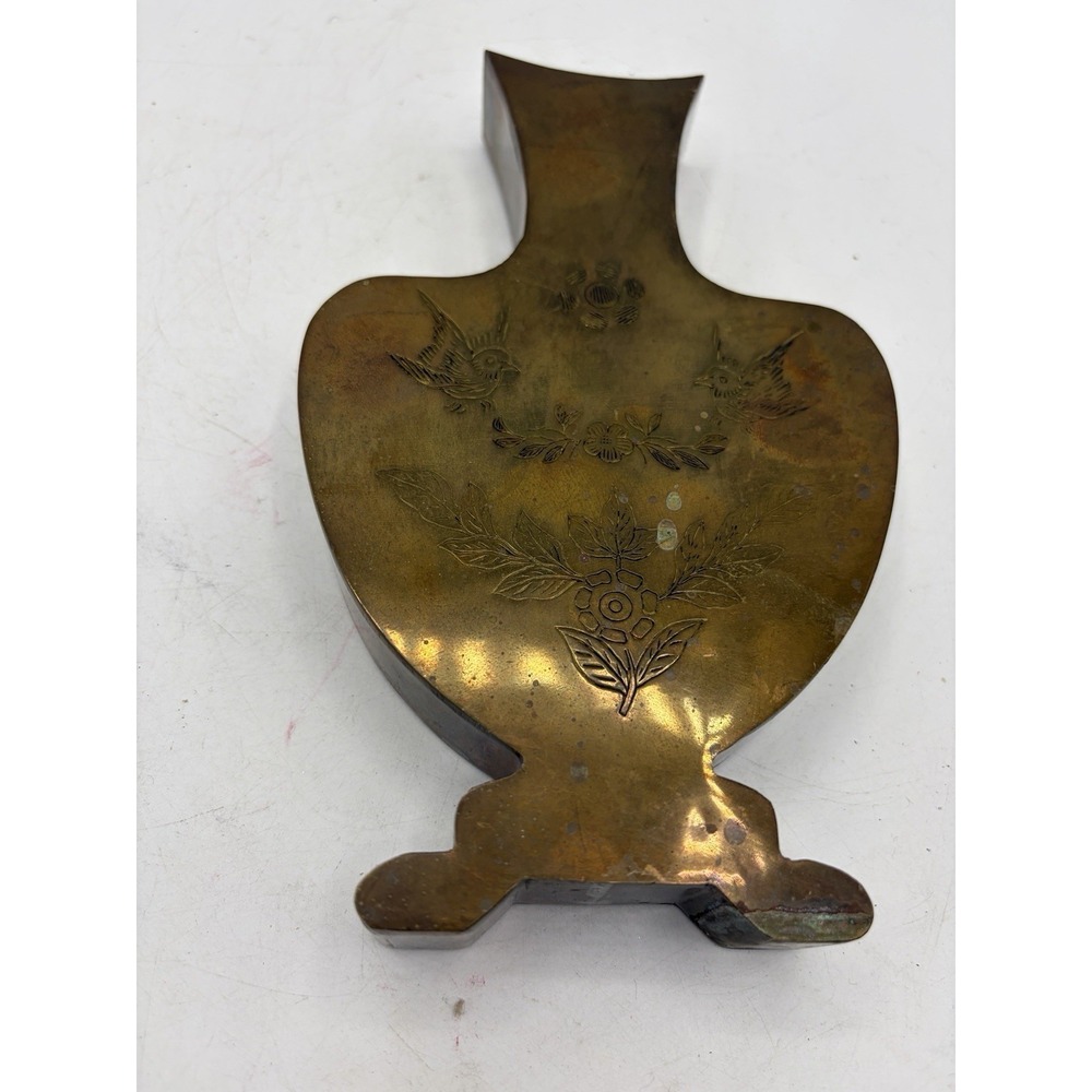Vintage Brass Wall Pocket Vase Match Holder Engraved Birds Floral Design 8"